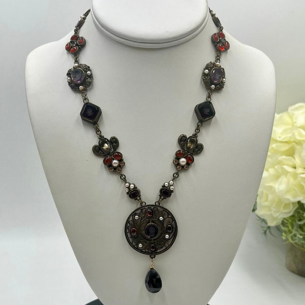 Extasia Vintage Glass Intaglio and Seed Pearl‎ Pendant Necklace Artisan Jewelry